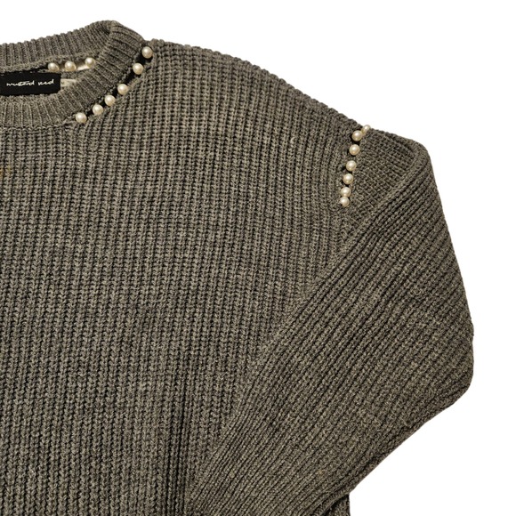 Mustard Seed Womens Gray Pearl Embellished Long Sleeve Knit Sweater Size M - Picture 3 of 11